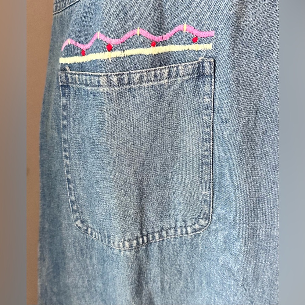 L Carolina bay denim blue jean vintage jumper dress embroidered cottage 90s maxi - Picture 4 of 7